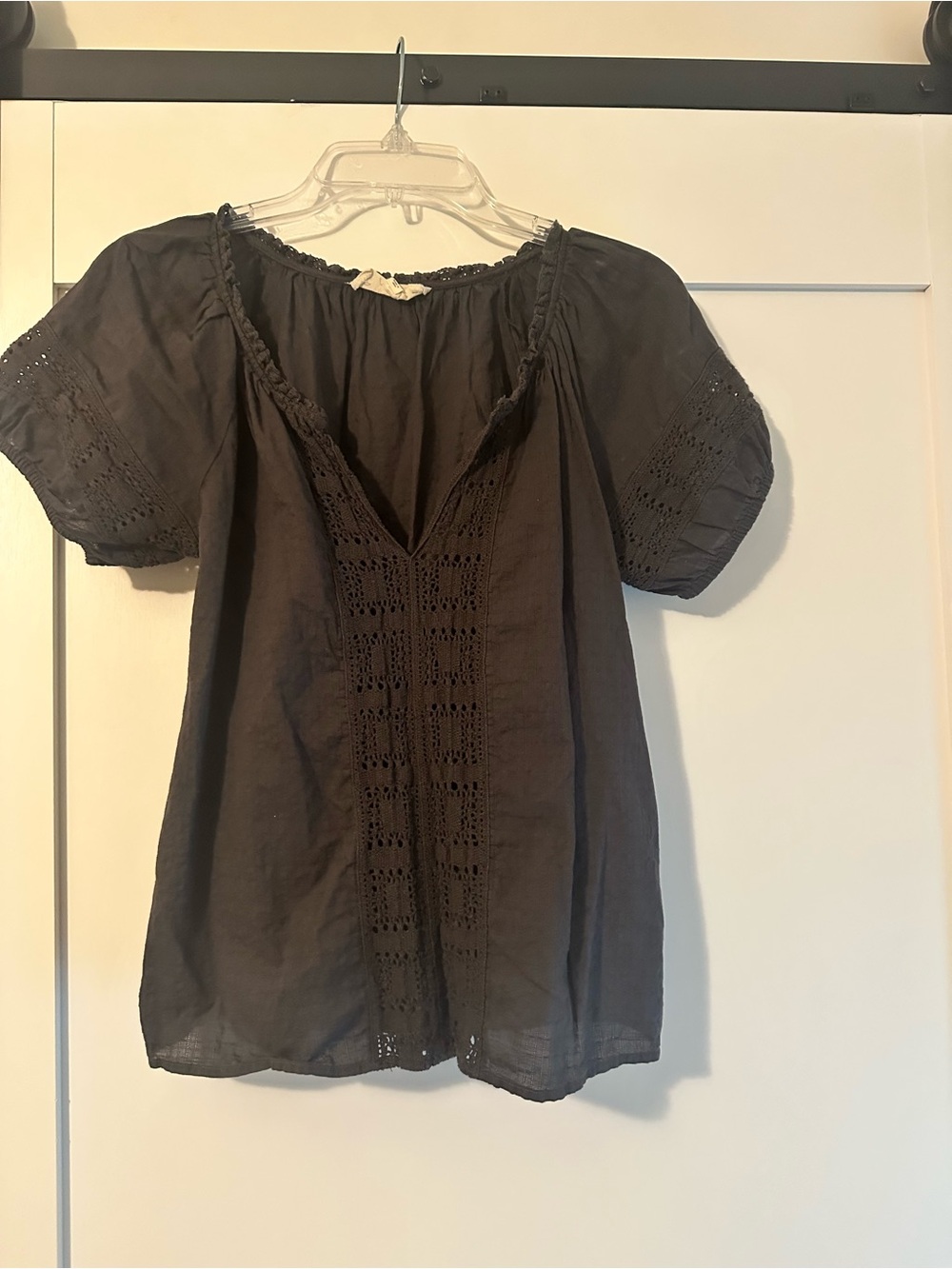 Lucky Brand Black Crochet-Paneled Peasant Top